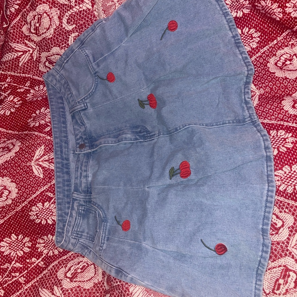Denim Fitted Mini Pleated Skirt with Cherry Print